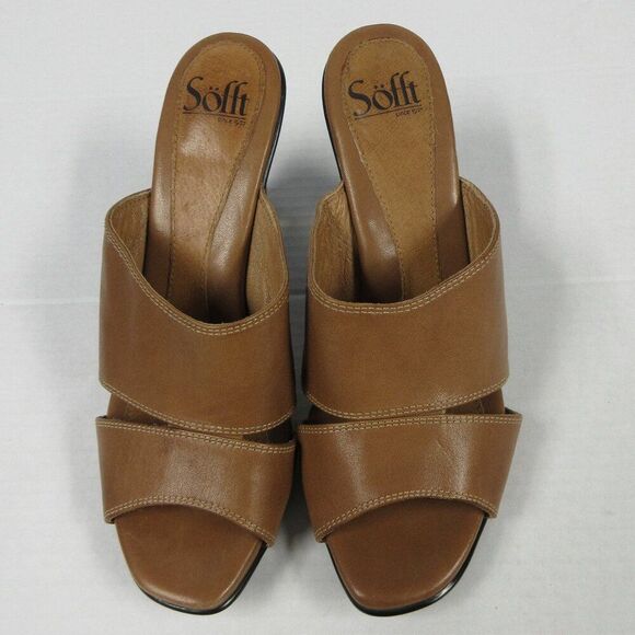 SOFFT Brown Tan Leather Heeled Sandals Size 8.5 Slip On Slide Mule Shoes 1227700 - Picture 2 of 15
